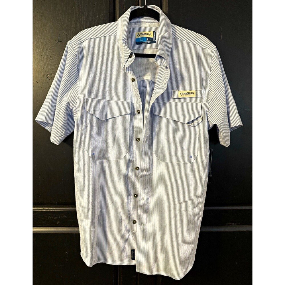 Magellan Fish Gear Southern Summer Menโs S Blue/White Striped Seersucker UPF30